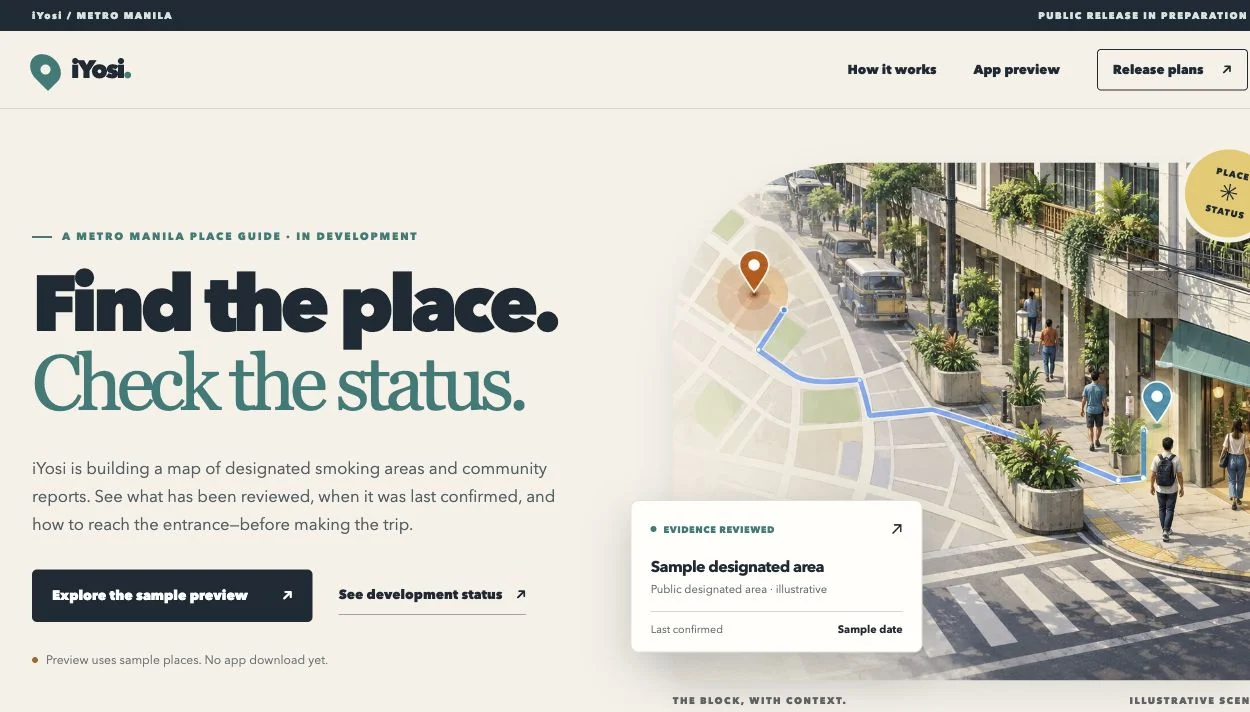 iYosi’s cream-and-green website with the heading Find the place, Check the status, an illustrated neighborhood and map route, and a sample evidence-reviewed place card.