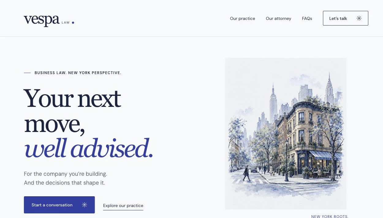 Vespa Law website concept with the headline Your next move, well advised, navy and cobalt typography, and a watercolor New York streetscape.
